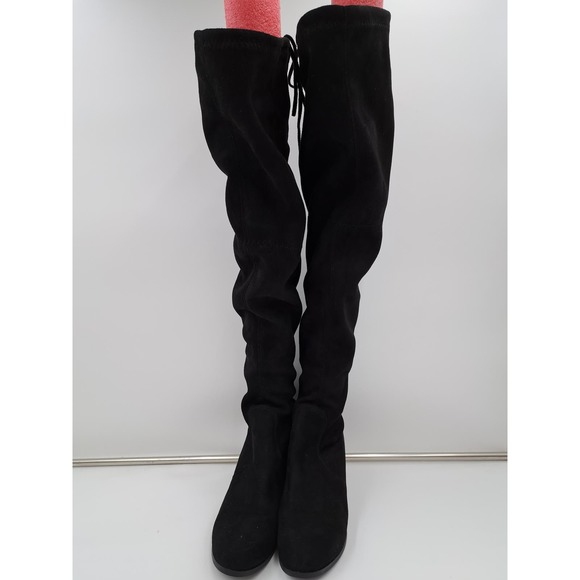 Black suede low heel Thigh High Rubber traction sole Back tie Boots 250 8.5 - Picture 3 of 6